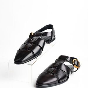 Massimo Dutti Womens Cage Sandals Flats Slingbacks EU 39 US 8 Leather Black NWT